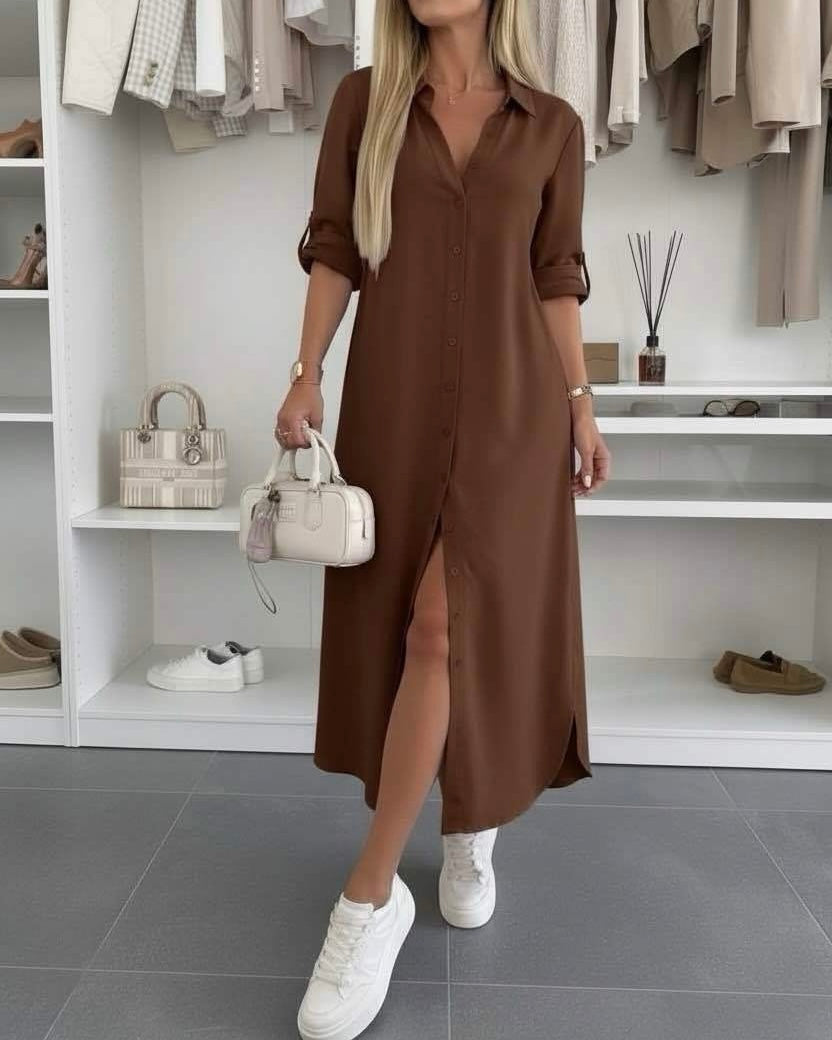 Women's Loose Fit Shirt Dress with Rolled Sleeves