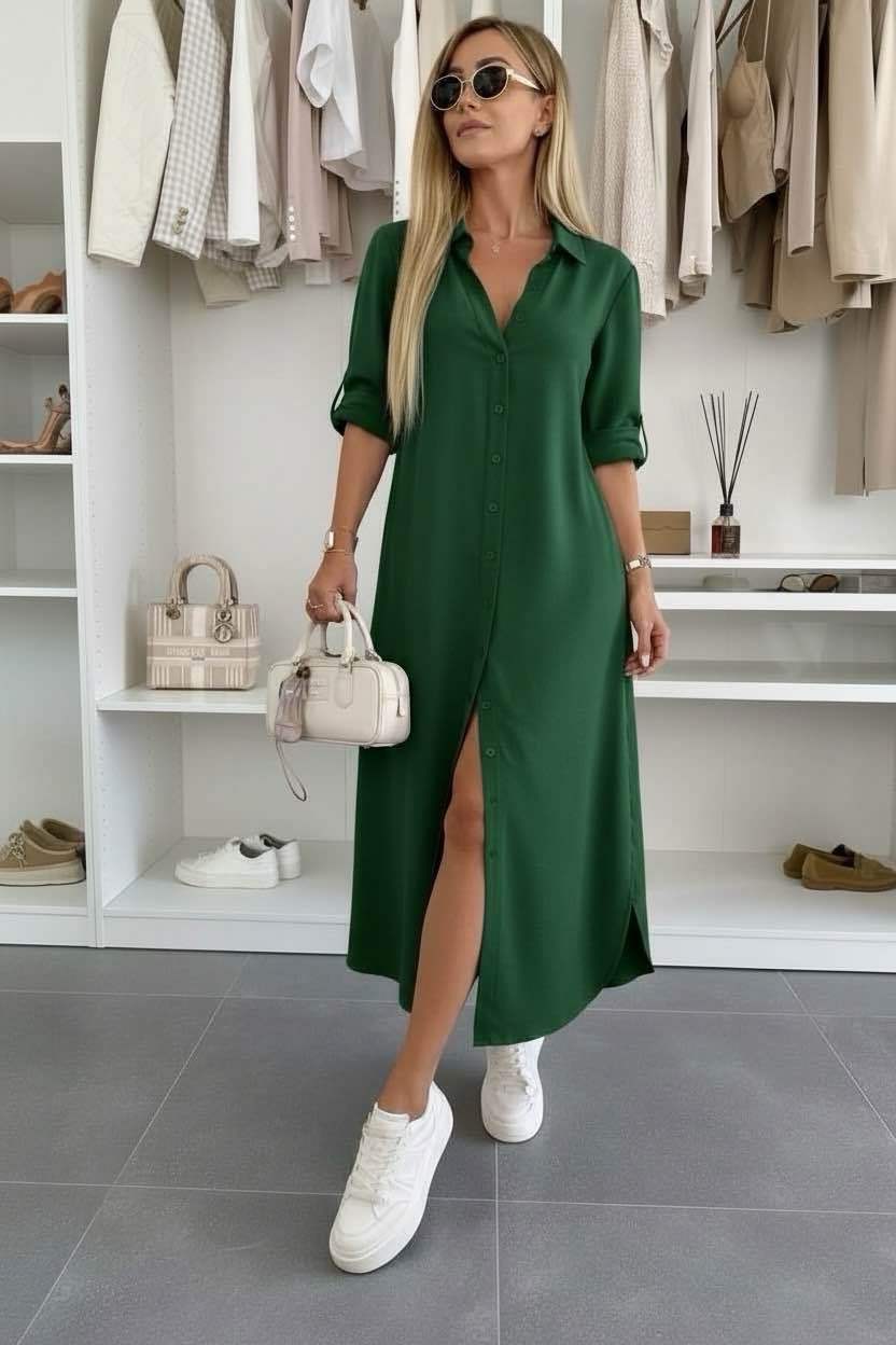 Women's Loose Fit Shirt Dress with Rolled Sleeves