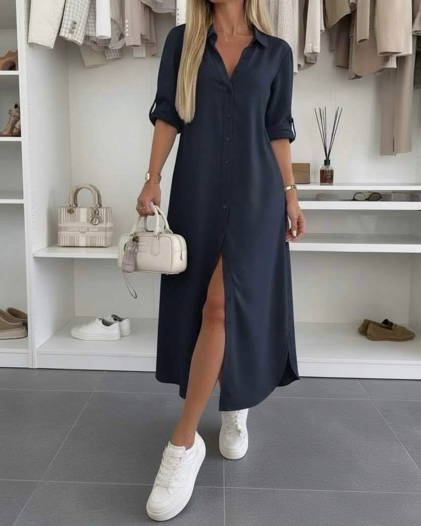 Women's Loose Fit Shirt Dress with Rolled Sleeves