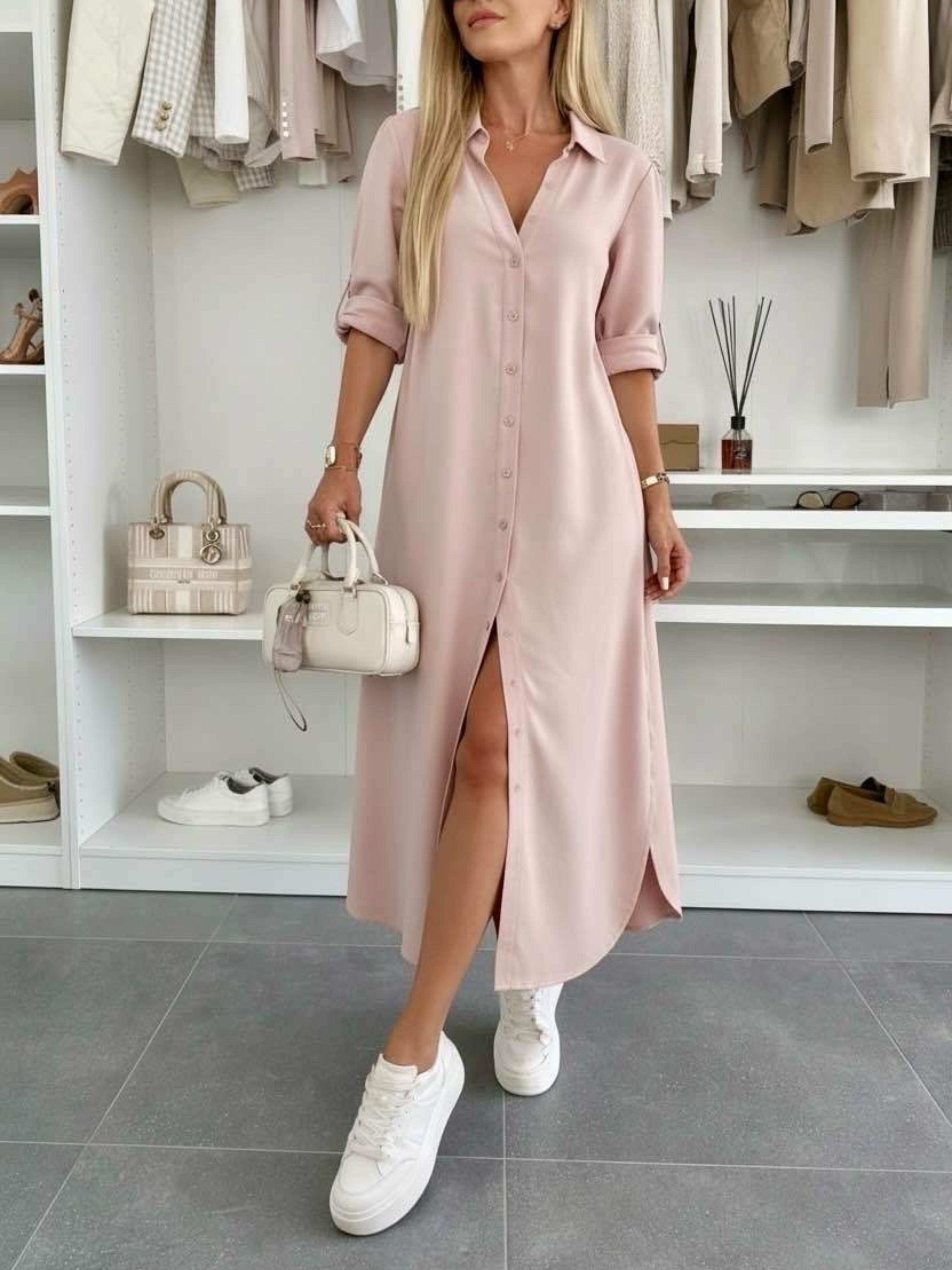 Women's Loose Fit Shirt Dress with Rolled Sleeves
