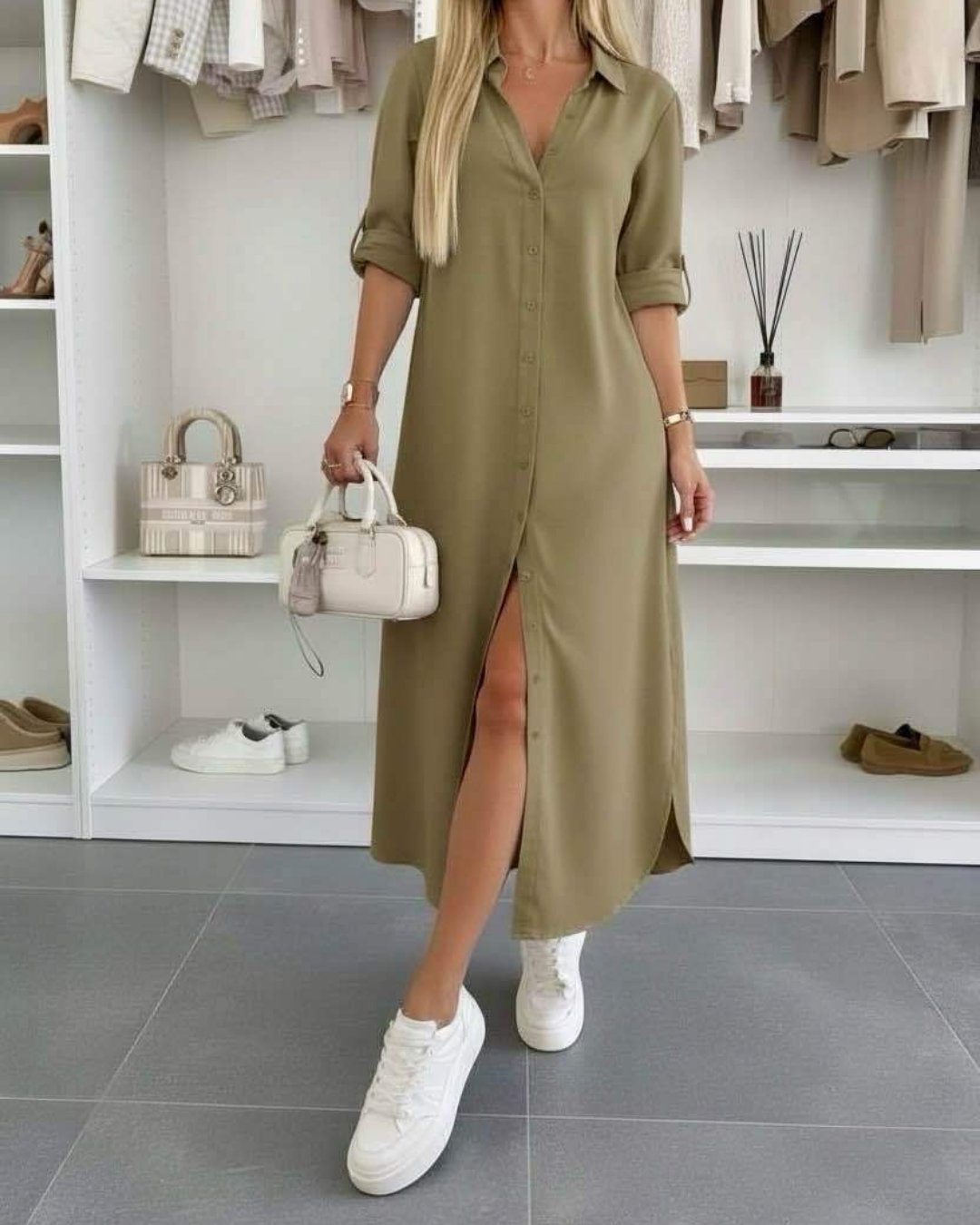 Women's Loose Fit Shirt Dress with Rolled Sleeves