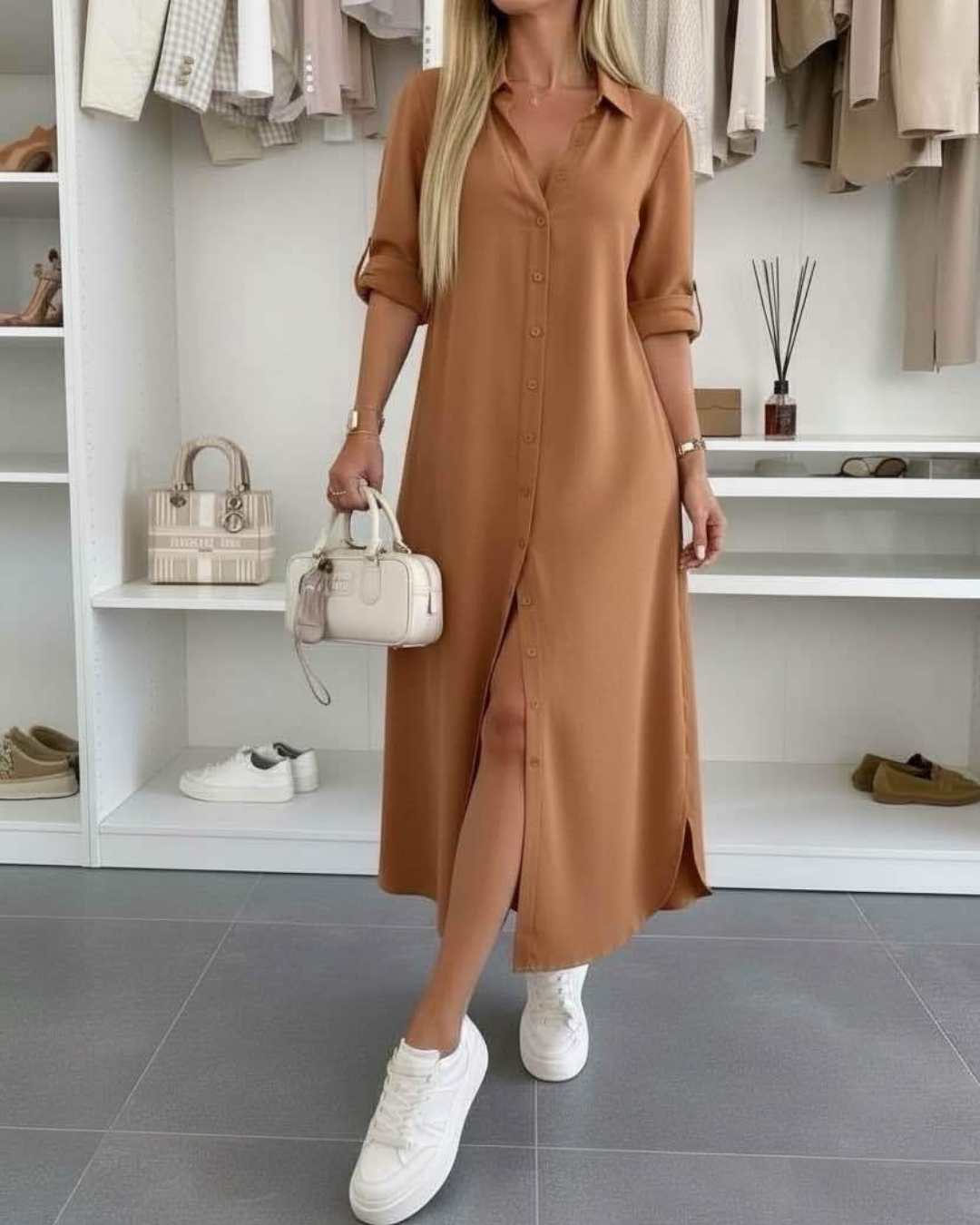 Women's Loose Fit Shirt Dress with Rolled Sleeves