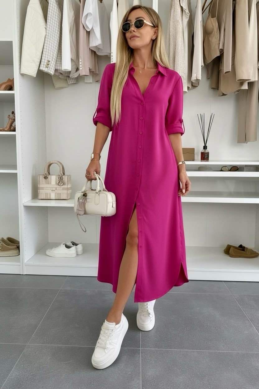 Women's Loose Fit Shirt Dress with Rolled Sleeves