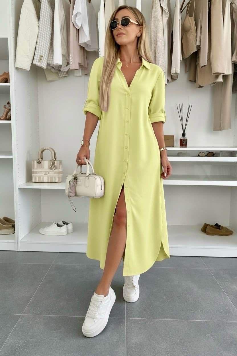 Women's Loose Fit Shirt Dress with Rolled Sleeves