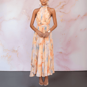 Women's Halter Maxi Dress with Watercolor Floral Print