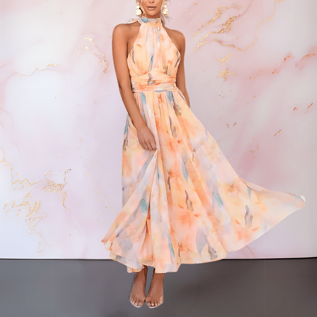 Women's Halter Maxi Dress with Watercolor Floral Print