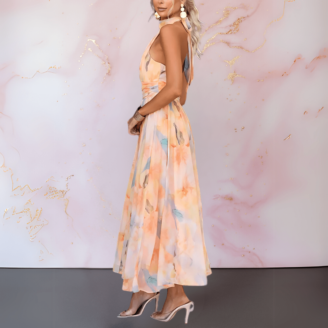 Women's Halter Maxi Dress with Watercolor Floral Print