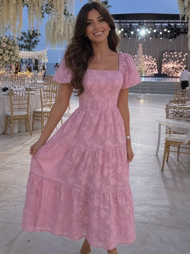 Women's Floral Midi Dress with Short Sleeves