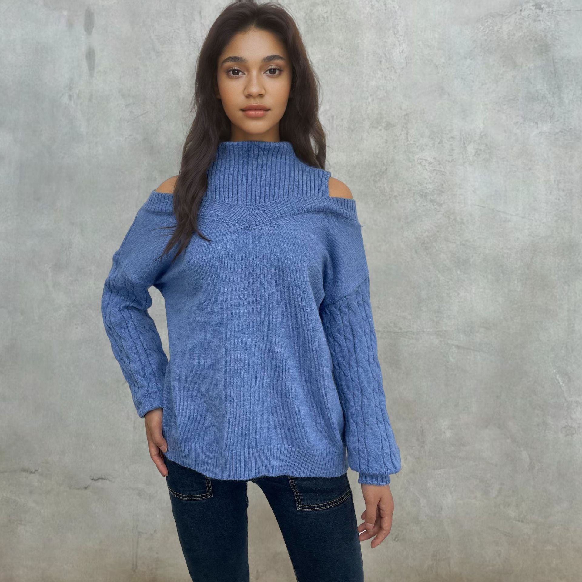 Women's Off-Shoulder Knit Sweater with High Collar