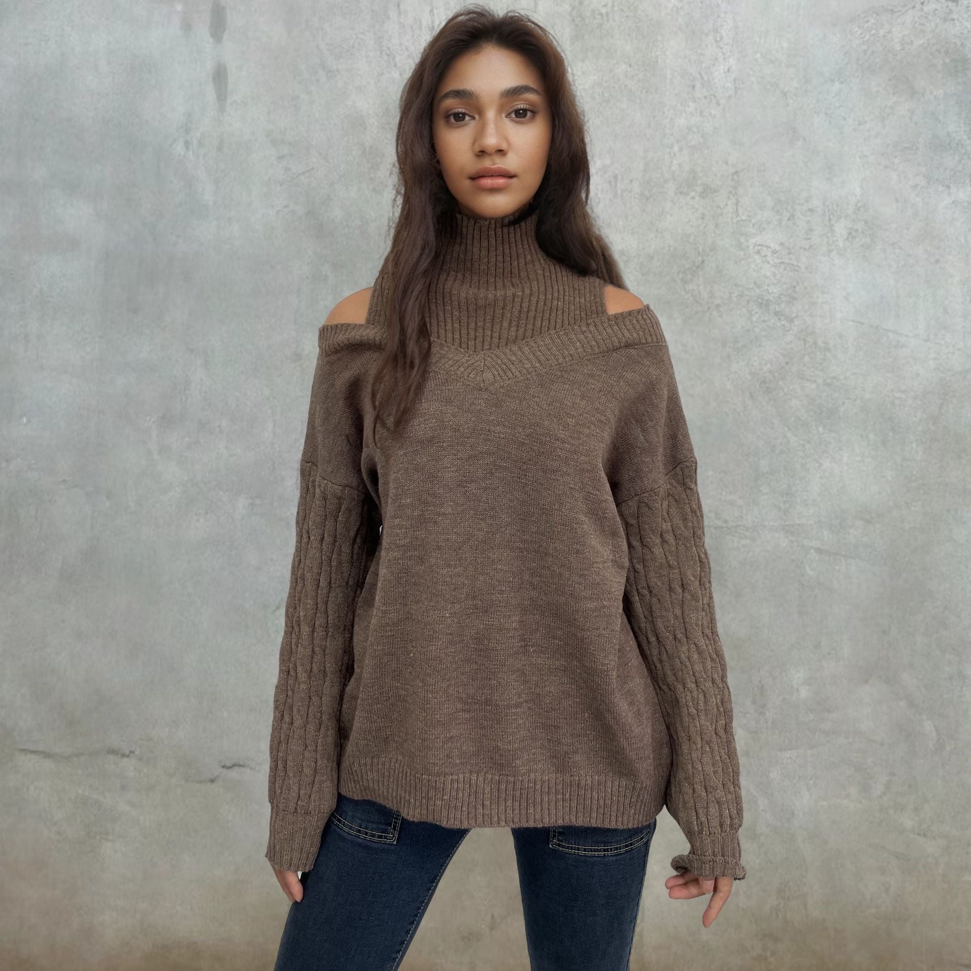Women's Off-Shoulder Knit Sweater with High Collar