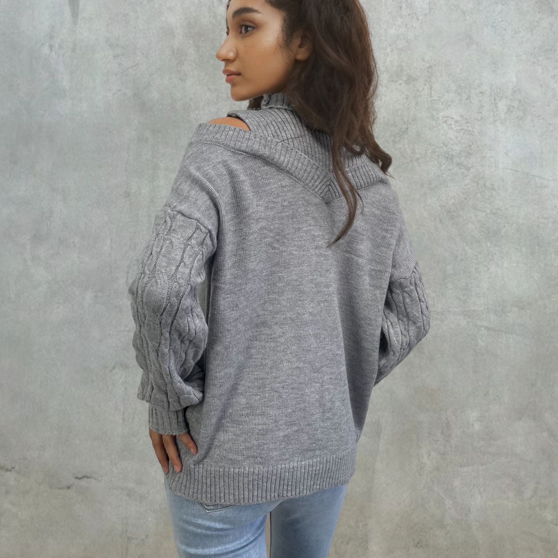 Women's Off-Shoulder Knit Sweater with High Collar
