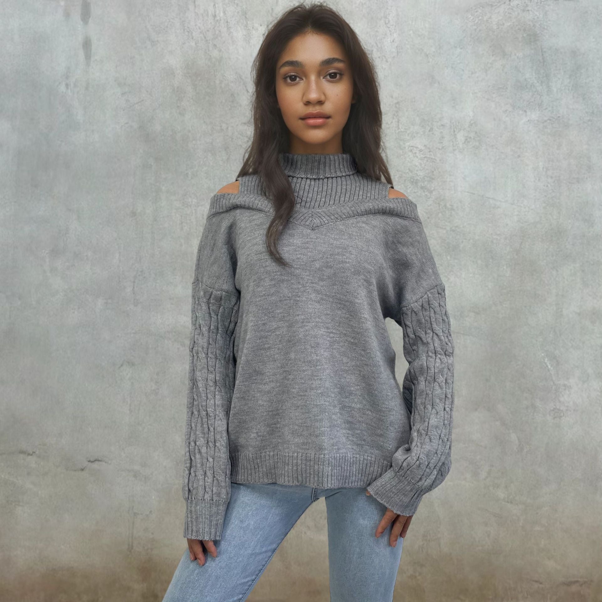 Women's Off-Shoulder Knit Sweater with High Collar