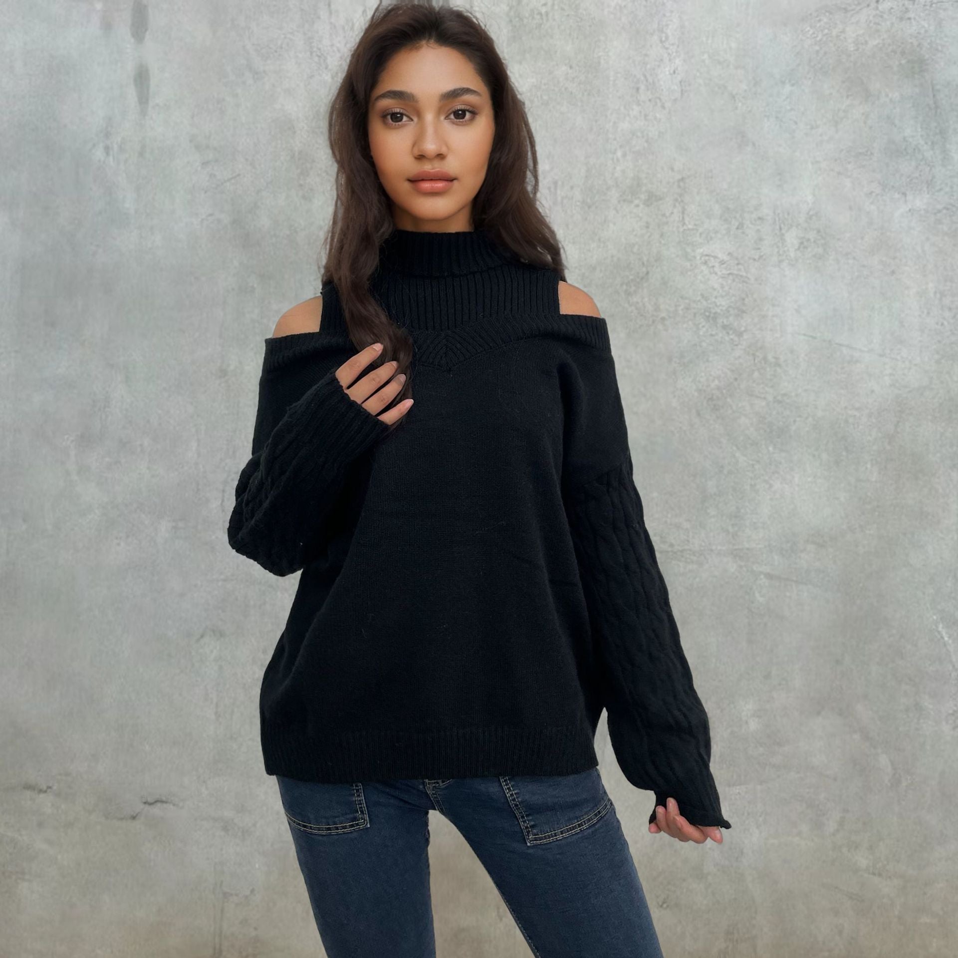 Women's Off-Shoulder Knit Sweater with High Collar