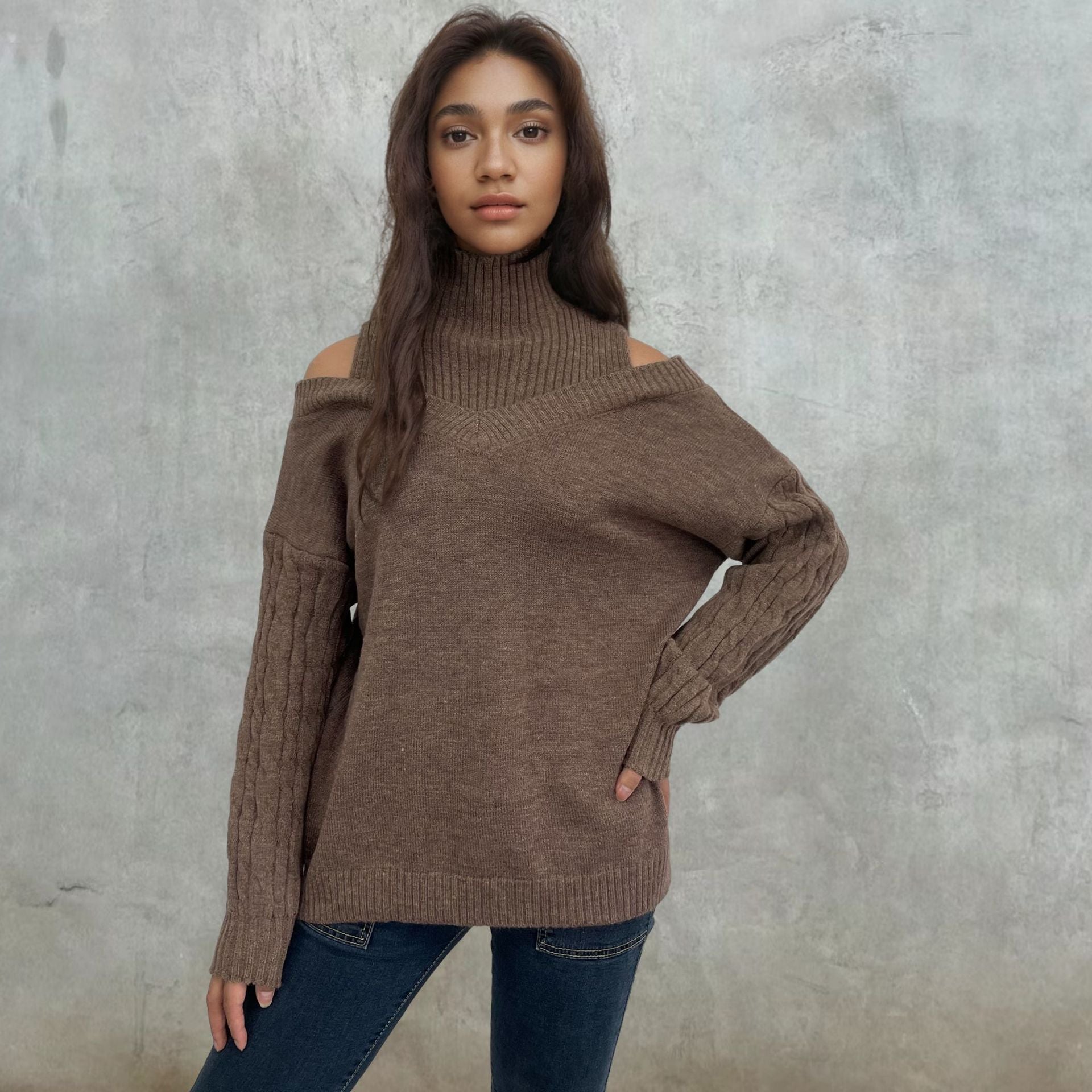 Women's Off-Shoulder Knit Sweater with High Collar