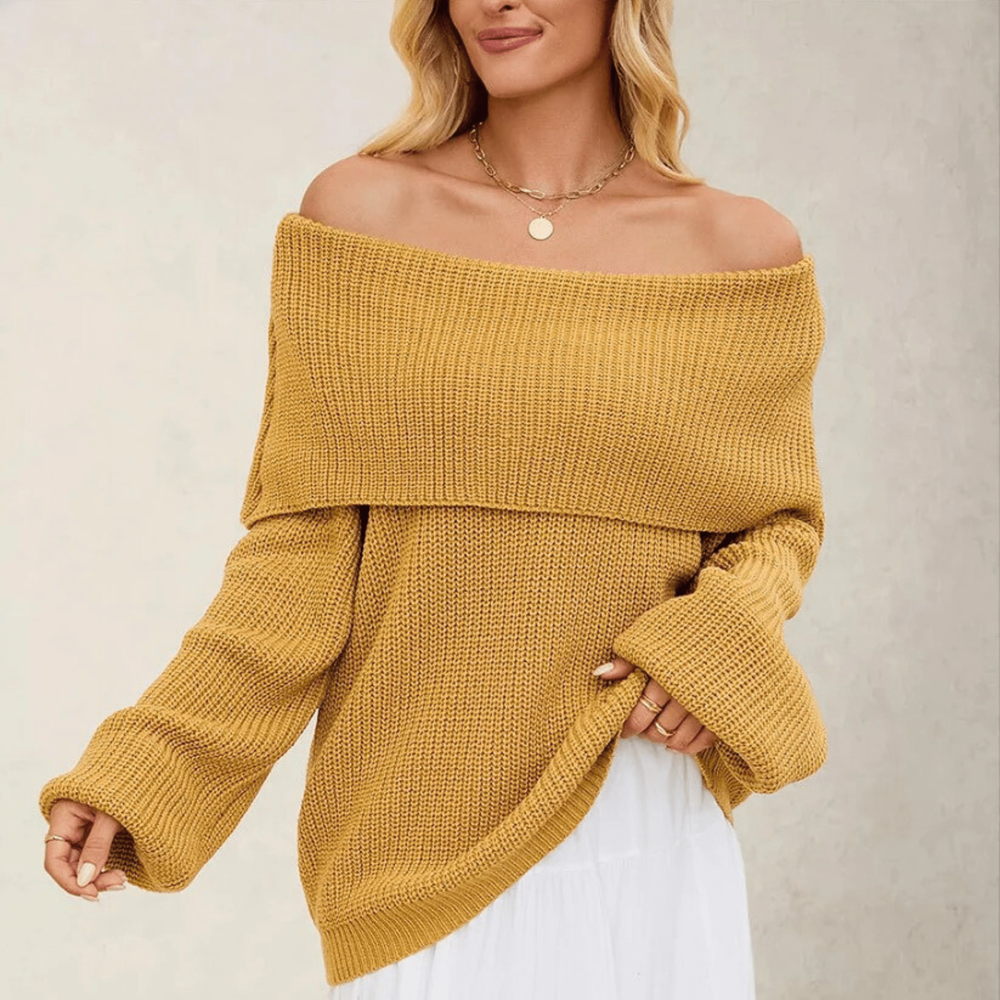 Women's Off-Shoulder Knit Sweater with Soft Fabric and Relaxed Fit