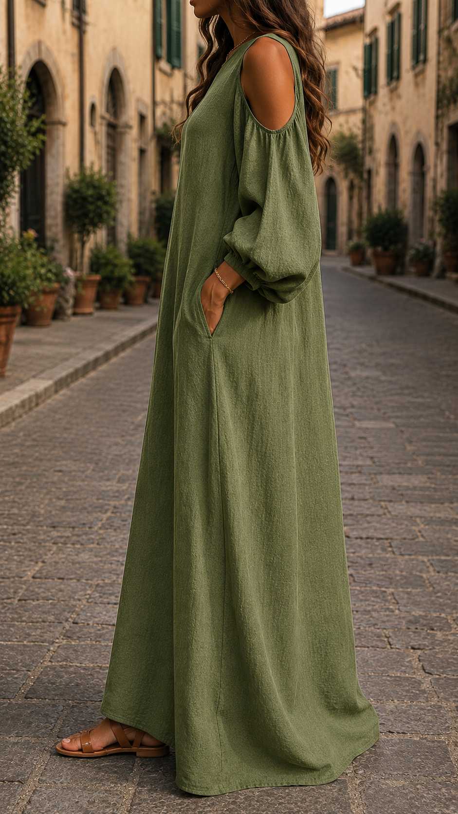 Women's Off-Shoulder Long Dress with Voluminous Sleeves