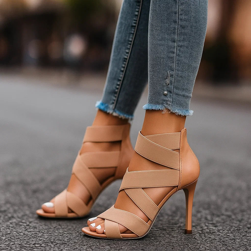 Women's Elastic Strap Block Heel Sandals with Open Toe