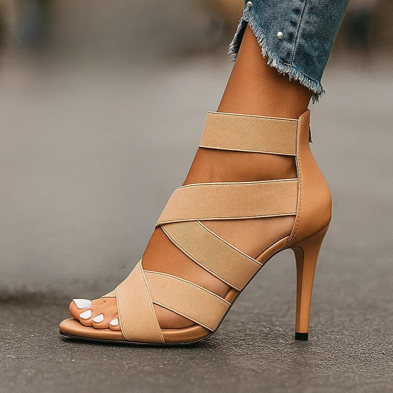 Women's Elastic Strap Block Heel Sandals with Open Toe