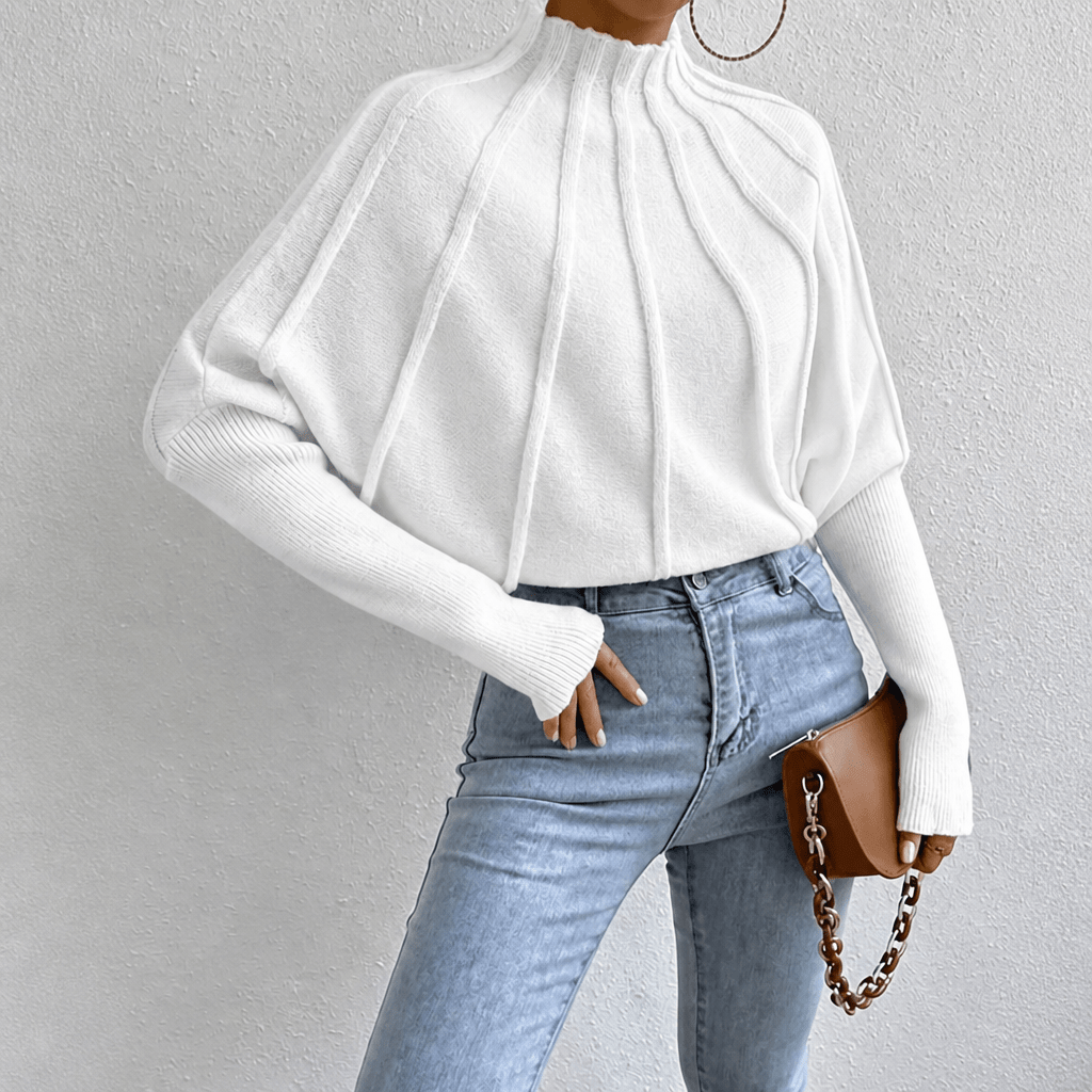 Women's Oversized Batwing Sleeve Knit Jumper with Mock Neck - Cozy