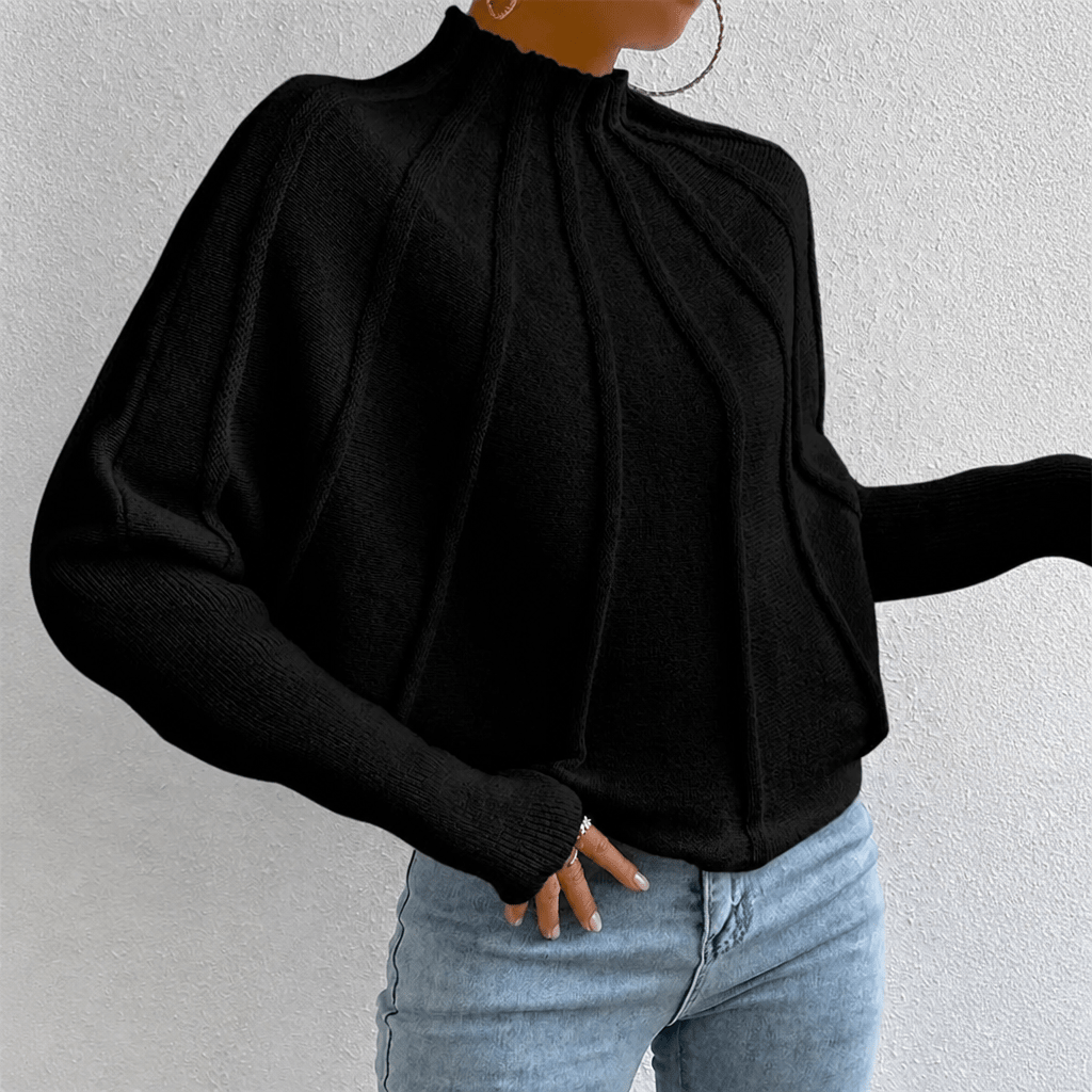 Women's Oversized Batwing Sleeve Knit Jumper with Mock Neck - Cozy