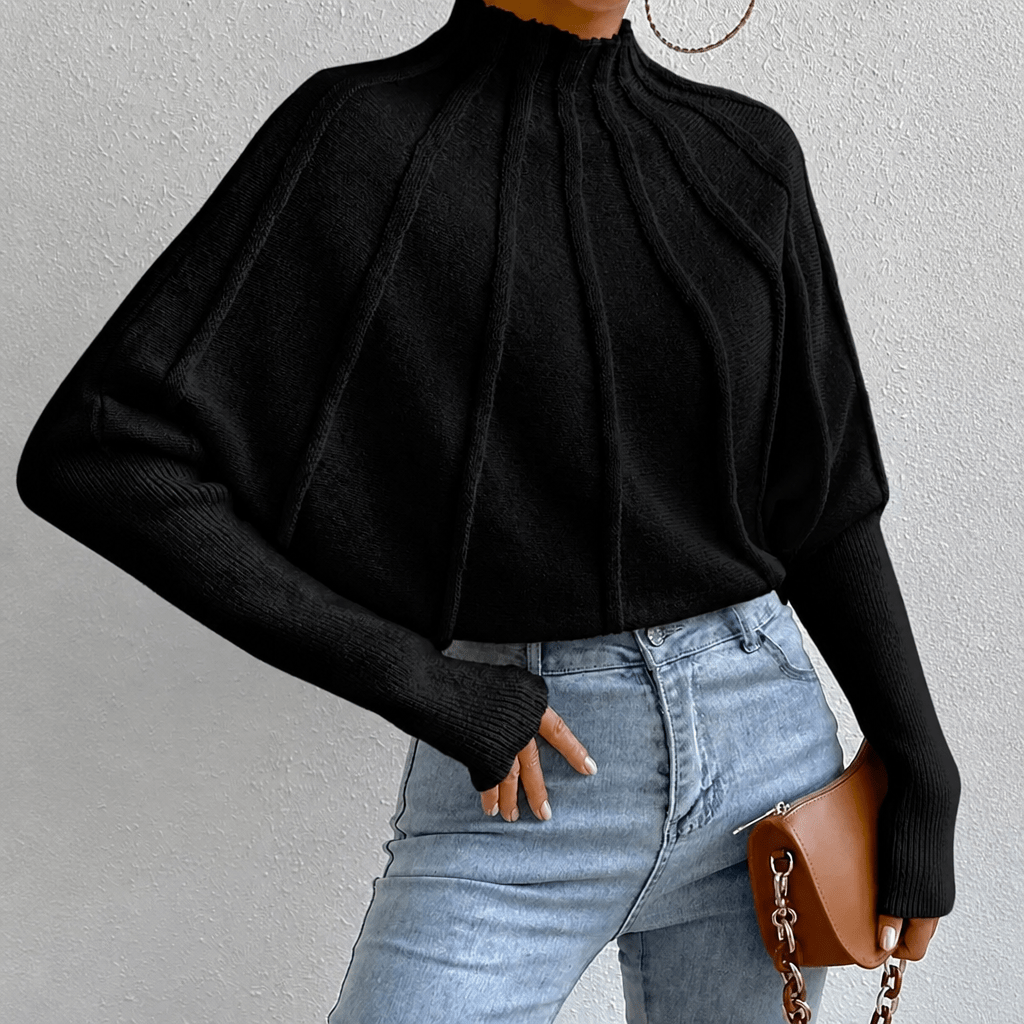 Women's Oversized Batwing Sleeve Knit Jumper with Mock Neck - Cozy