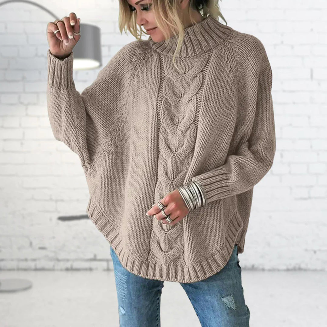 Women's Oversized Chunky Cable Knit Turtleneck Sweater in Gray
