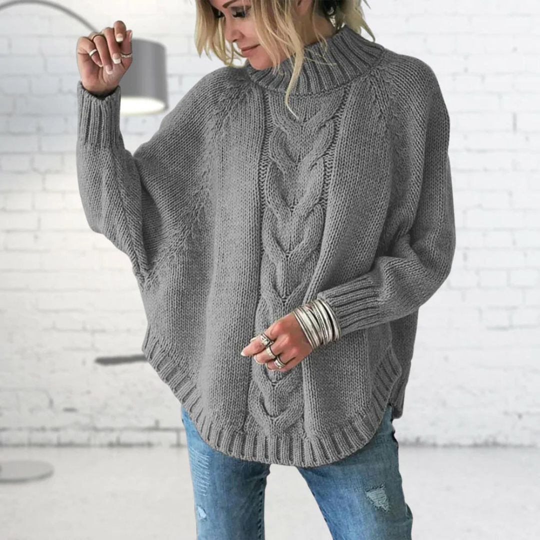 Women's Oversized Chunky Cable Knit Turtleneck Sweater in Gray