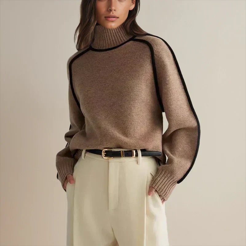 Women's Oversized Colorblock Turtleneck Sweater with Cozy Fit
