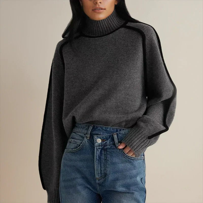 Women's Oversized Colorblock Turtleneck Sweater with Cozy Fit