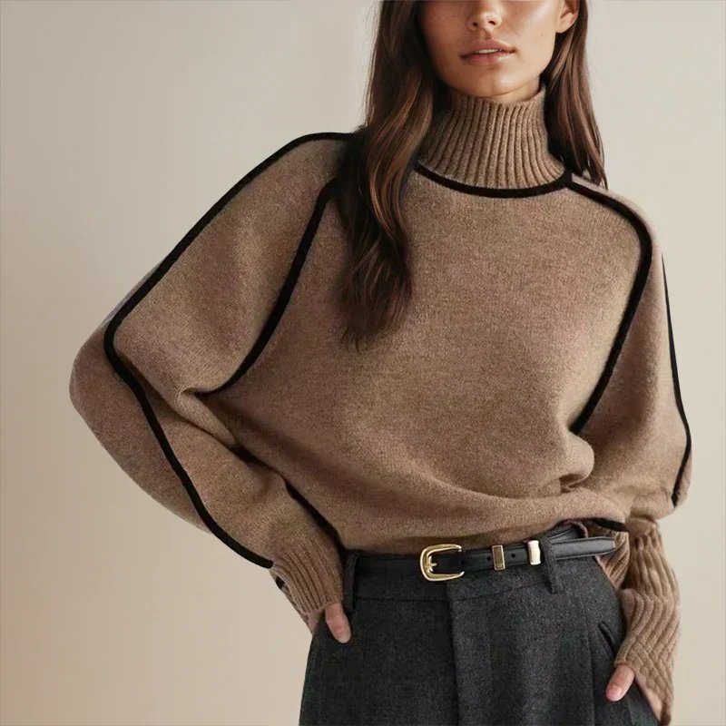 Women's Oversized Colorblock Turtleneck Sweater with Cozy Fit