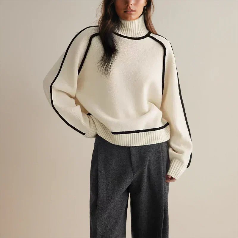 Women's Oversized Colorblock Turtleneck Sweater with Cozy Fit