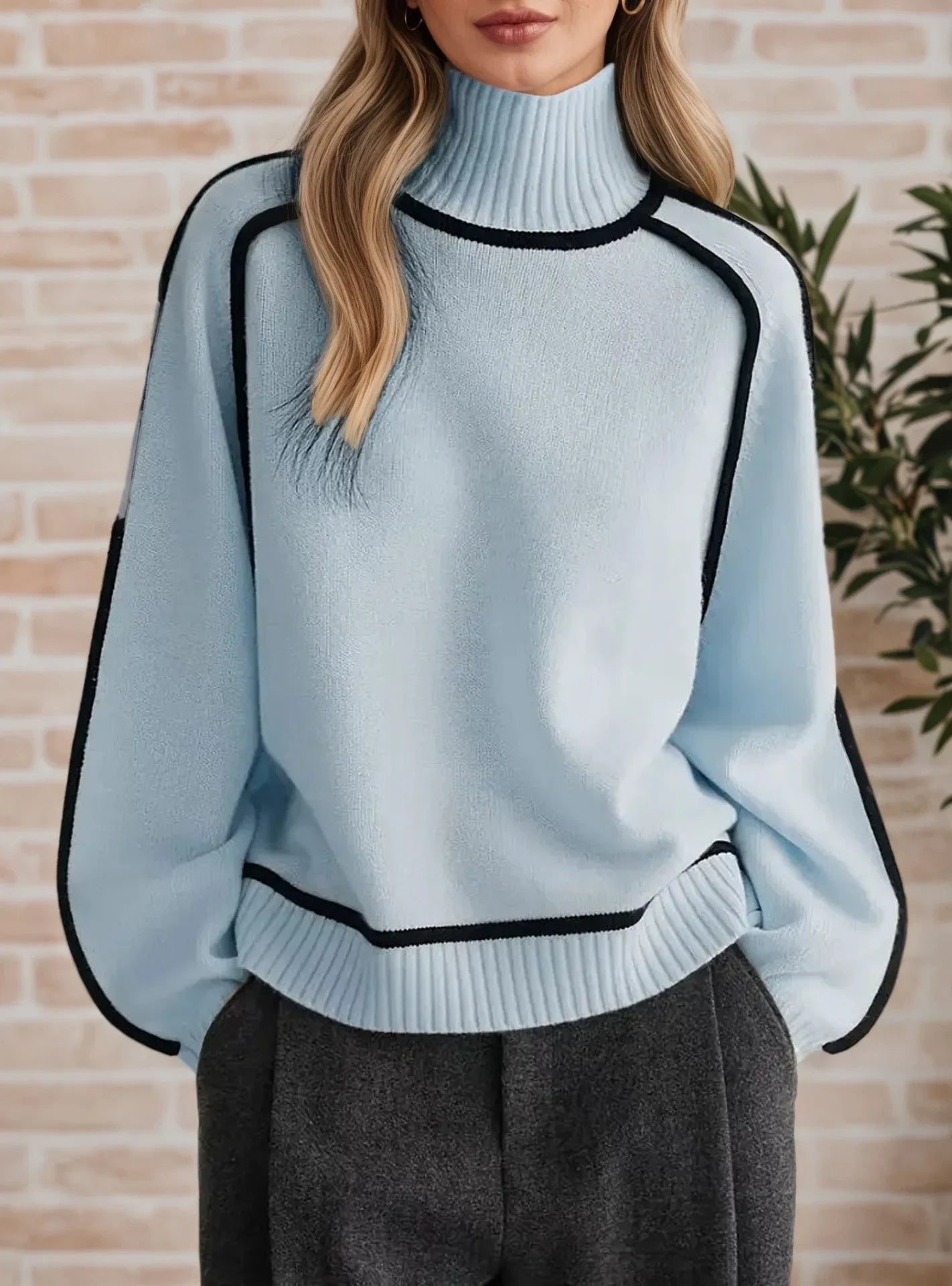 Women's Oversized Colorblock Turtleneck Sweater with Cozy Fit