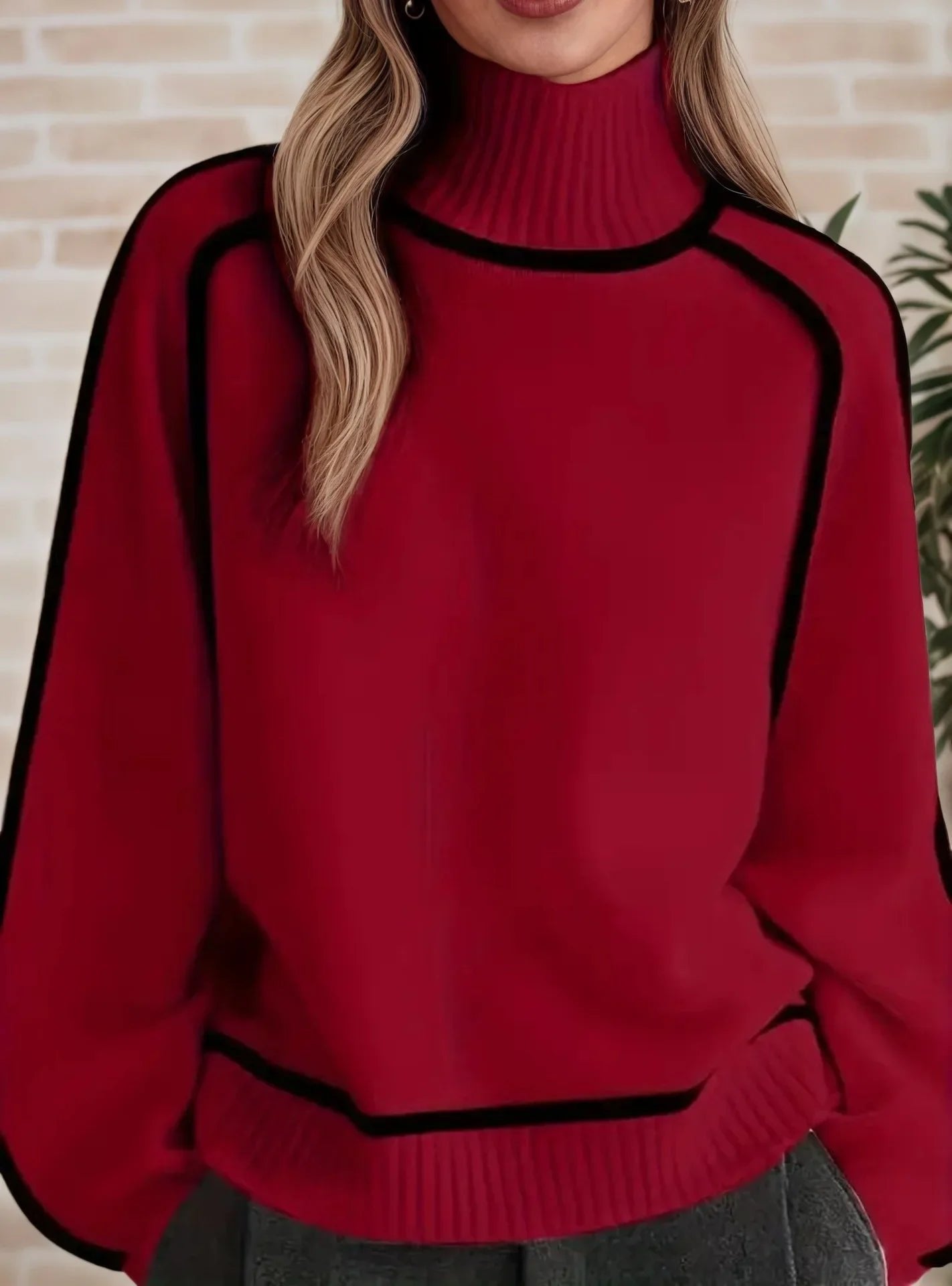 Women's Oversized Colorblock Turtleneck Sweater with Cozy Fit