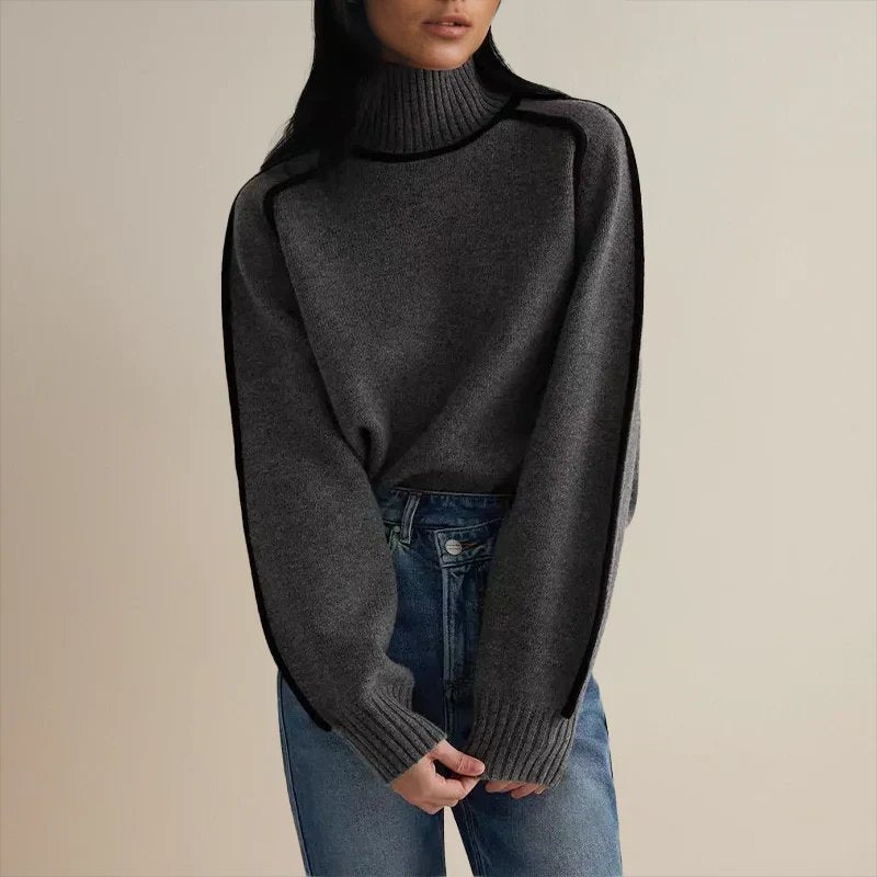 Women's Oversized Colorblock Turtleneck Sweater with Cozy Fit