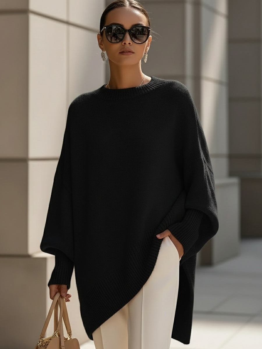 Women's Oversized Knit Poncho Sweater with Asymmetric Hem