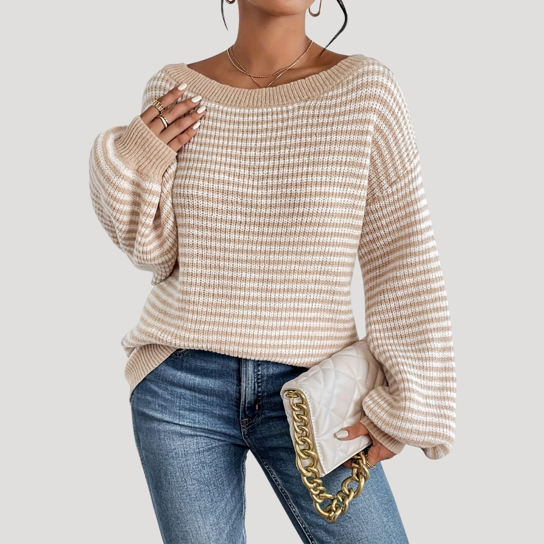 Women's Oversized Striped Boat Neck Sweater with Cozy Fit