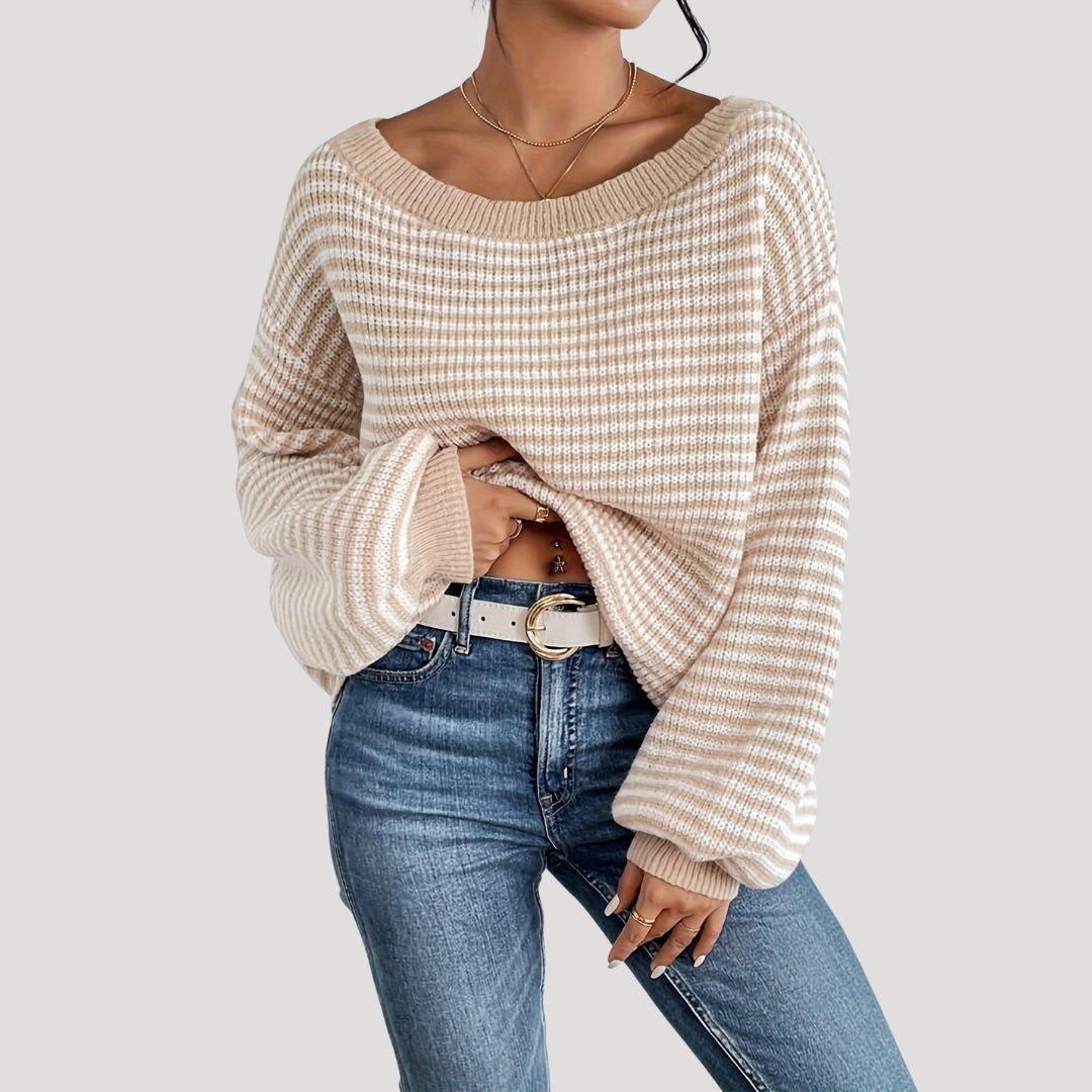 Women's Oversized Striped Boat Neck Sweater with Cozy Fit