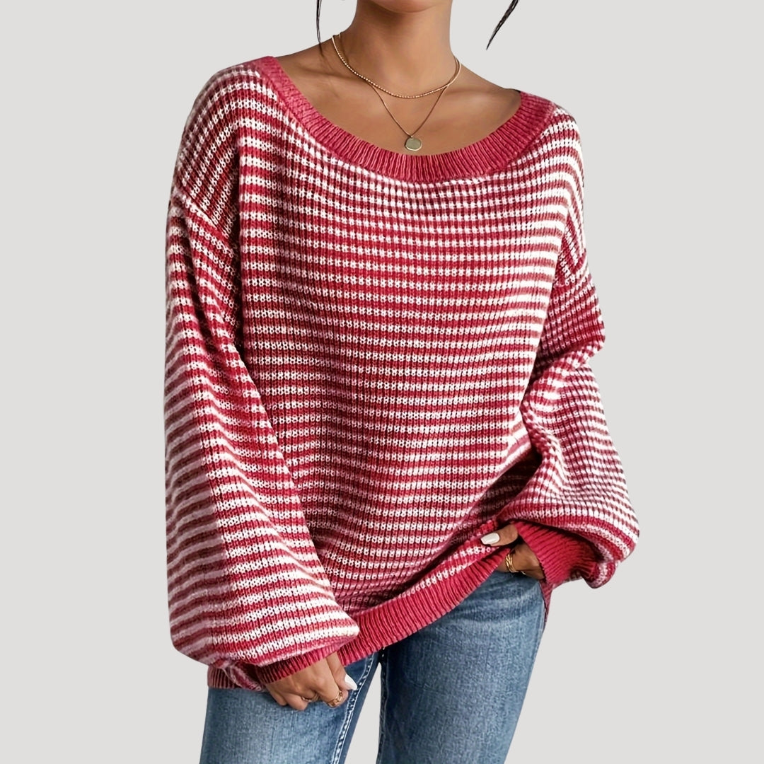 Women's Oversized Striped Boat Neck Sweater with Cozy Fit