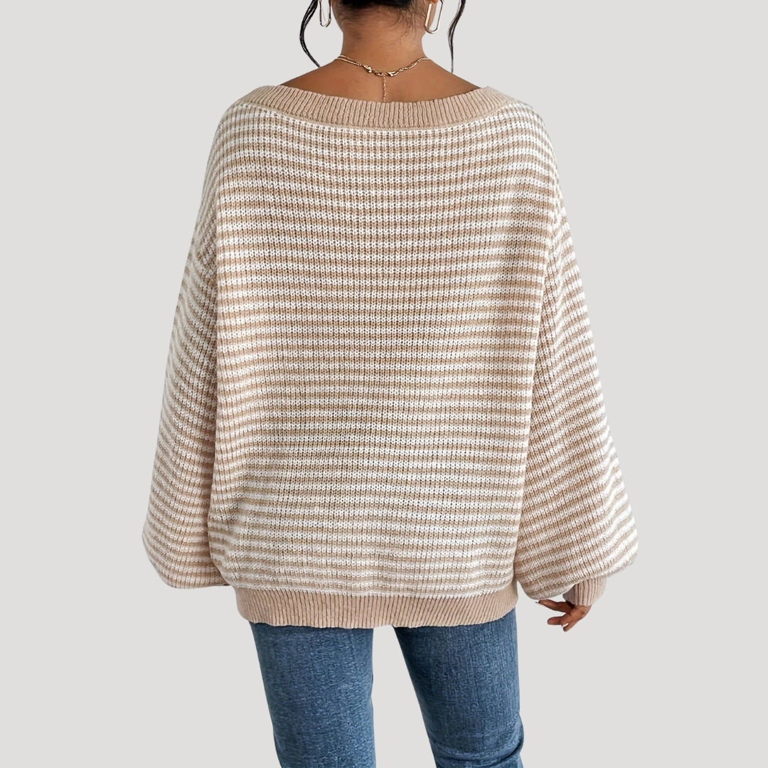 Women's Oversized Striped Boat Neck Sweater with Cozy Fit