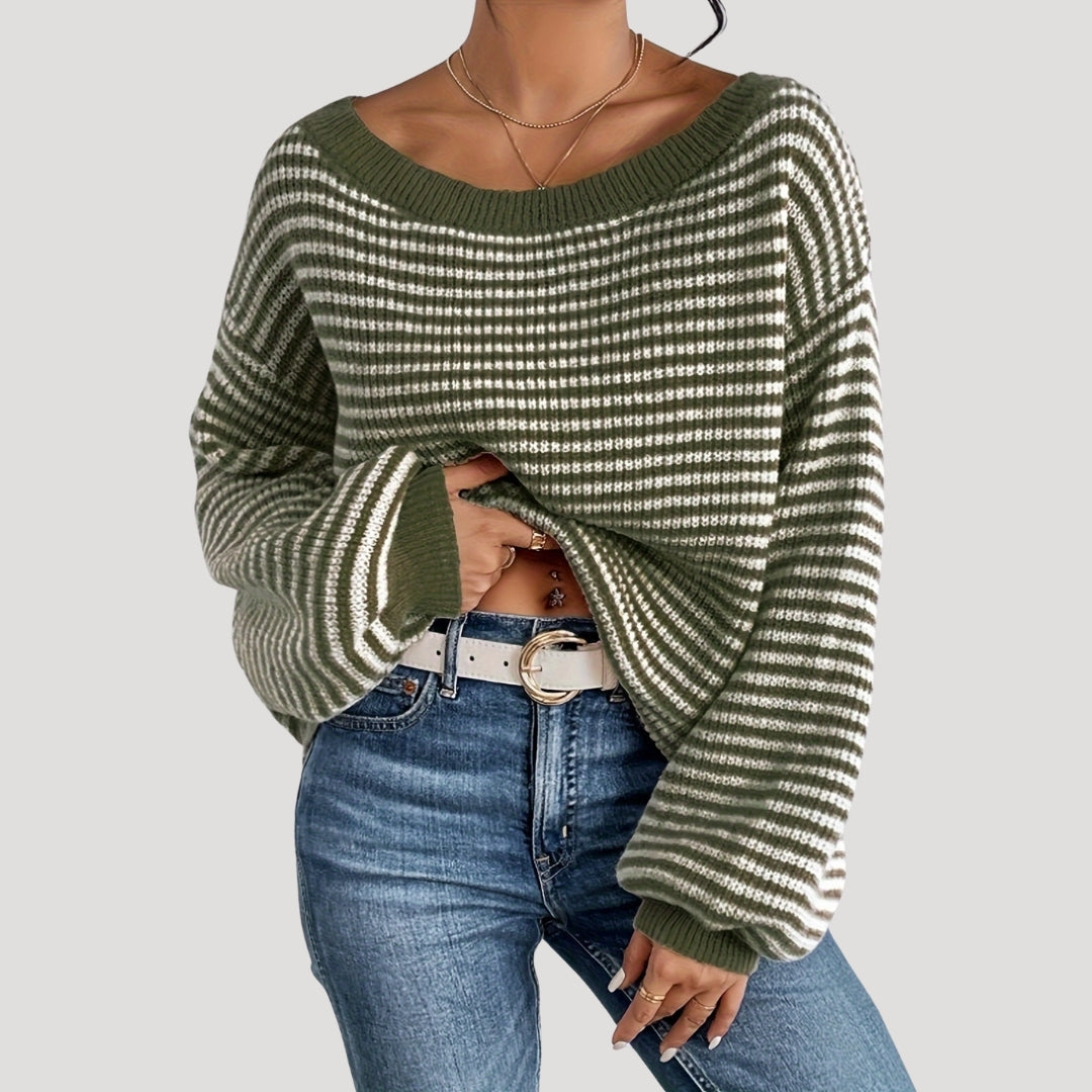 Women's Oversized Striped Boat Neck Sweater with Cozy Fit