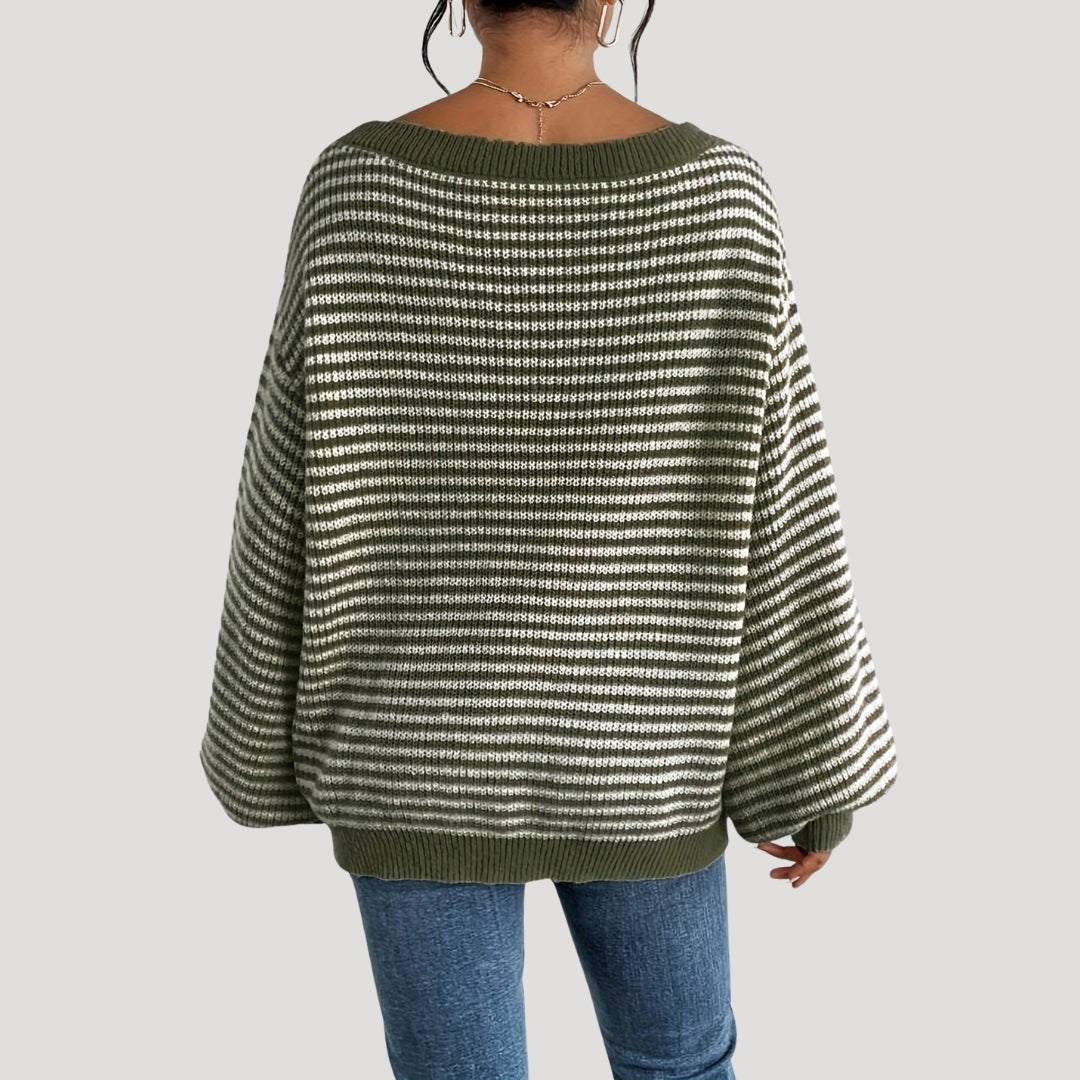 Women's Oversized Striped Boat Neck Sweater with Cozy Fit