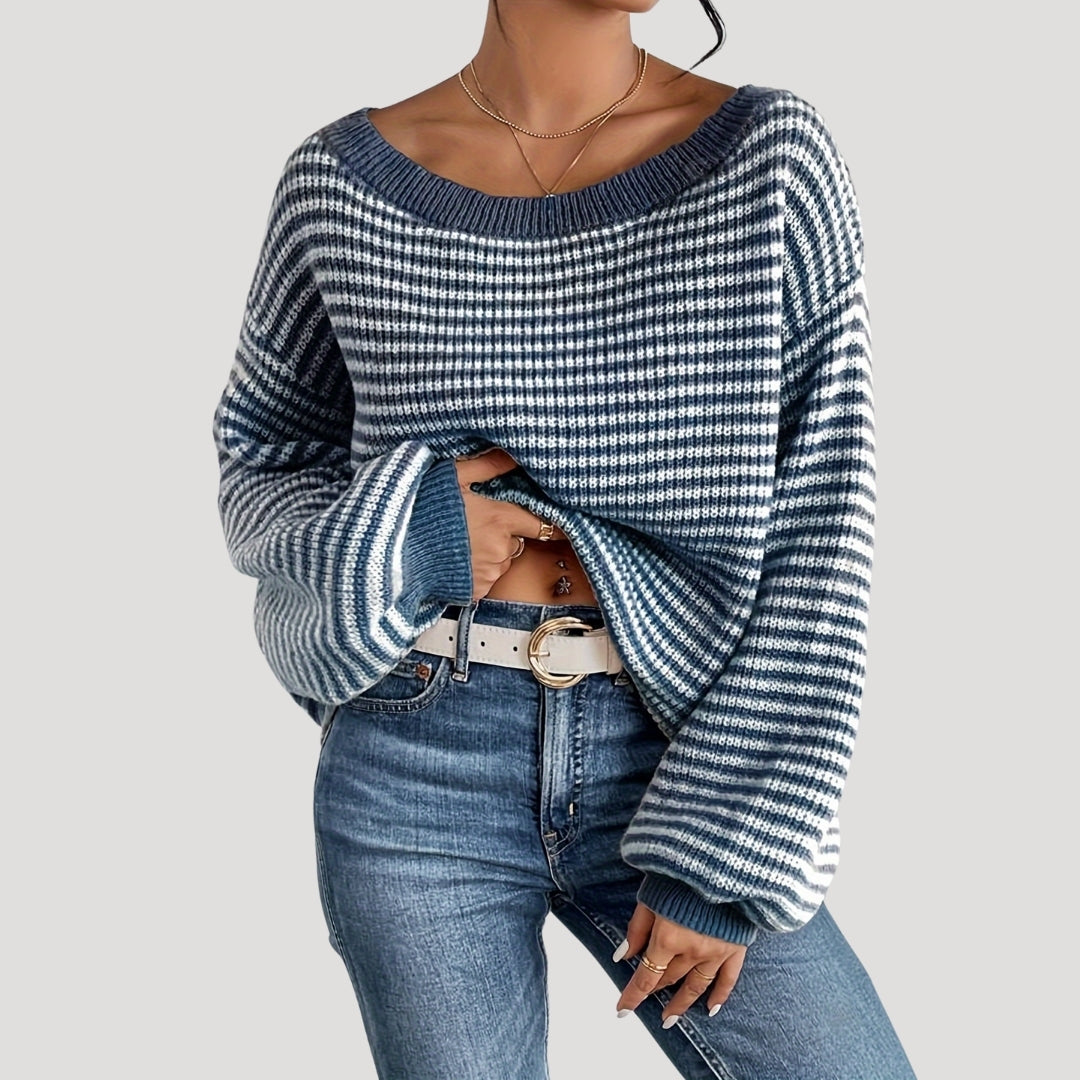 Women's Oversized Striped Boat Neck Sweater with Cozy Fit