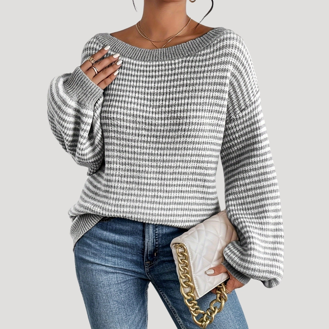 Women's Oversized Striped Boat Neck Sweater with Cozy Fit