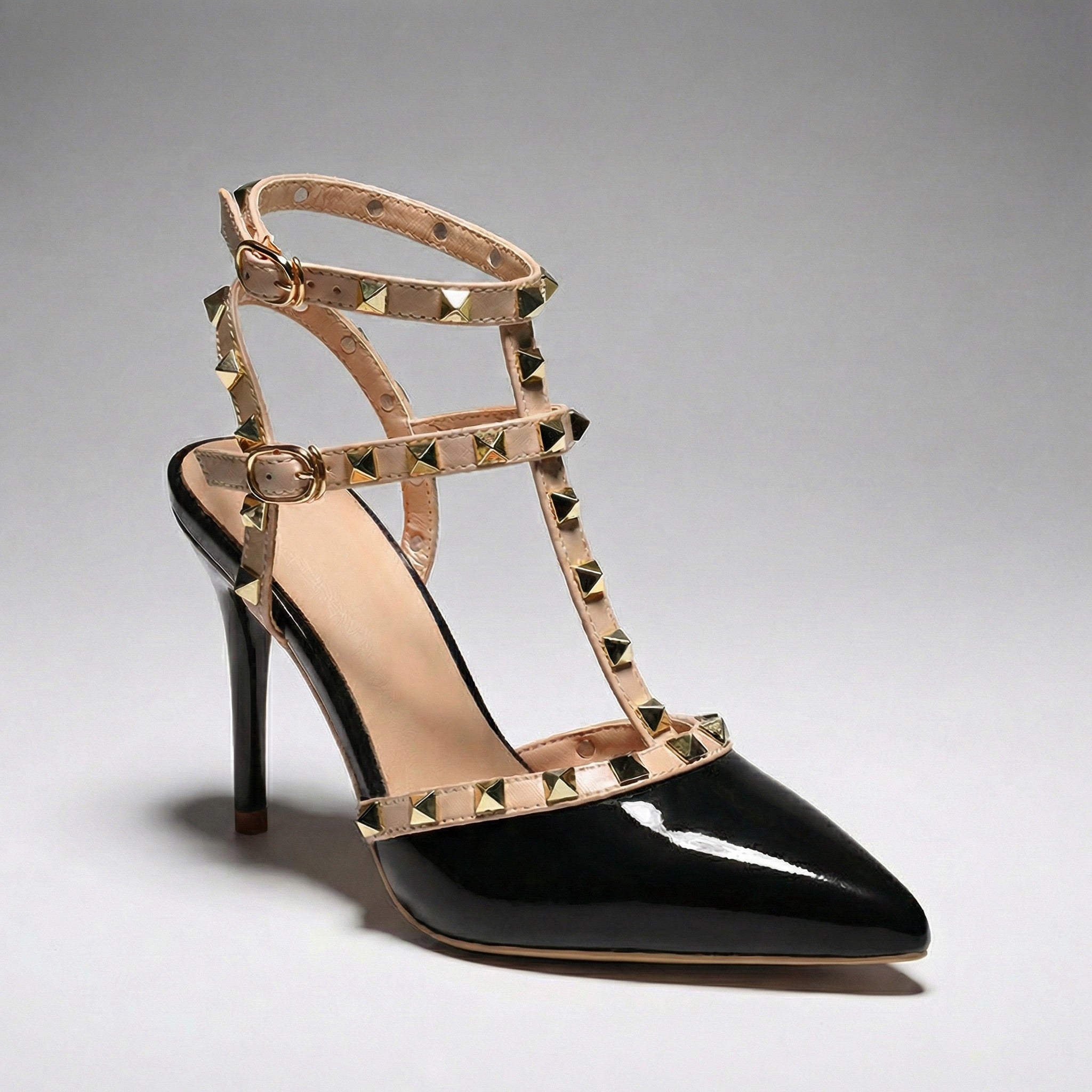 Women's Patent Vegan Leather Strappy Heeled Sandals with Studs