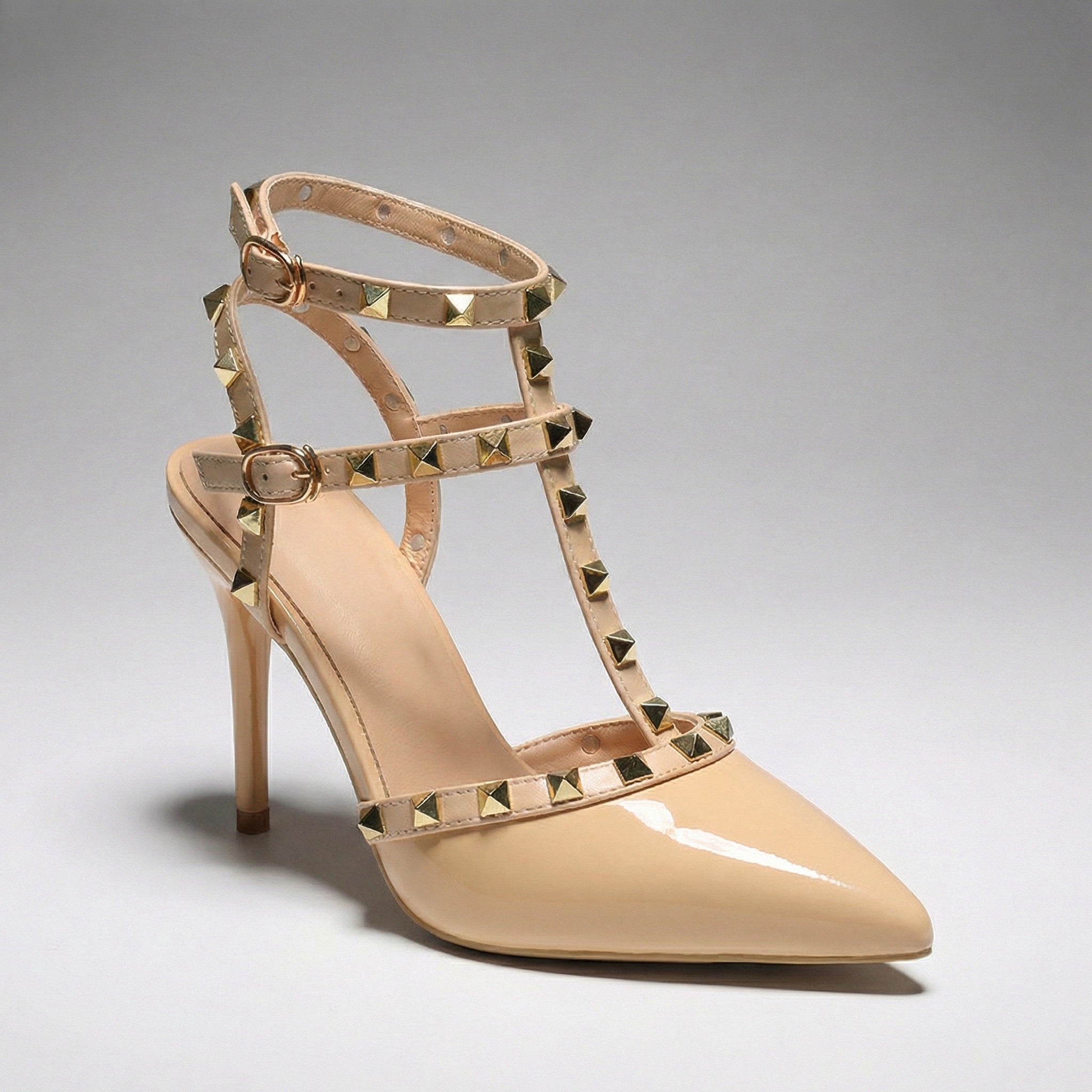 Women's Patent Vegan Leather Strappy Heeled Sandals with Studs