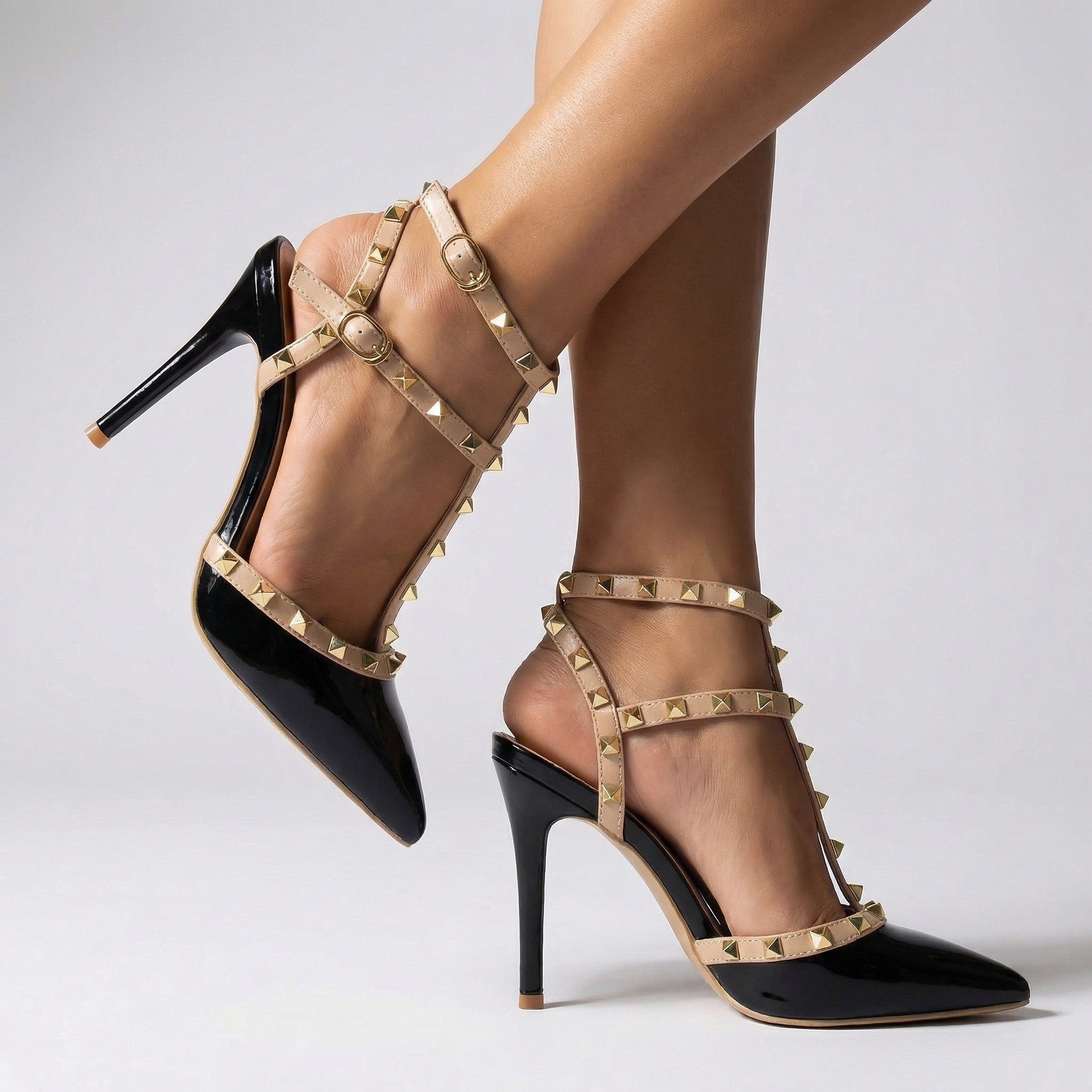 Women's Patent Vegan Leather Strappy Heeled Sandals with Studs