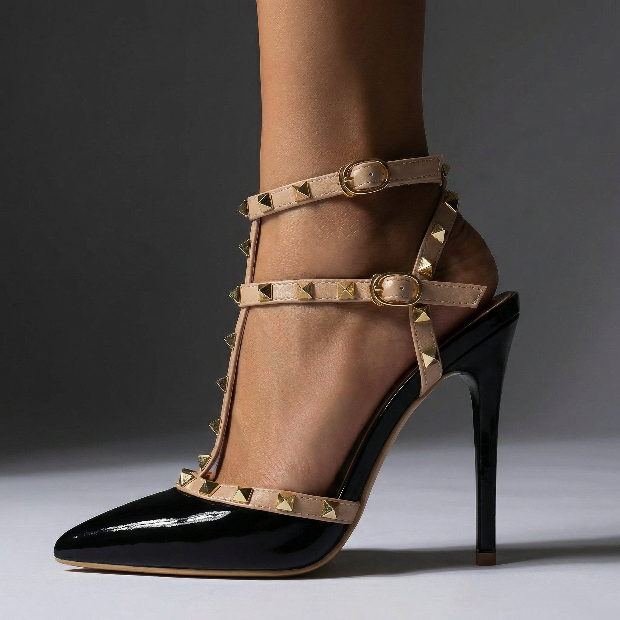 Women's Patent Vegan Leather Strappy Heeled Sandals with Studs