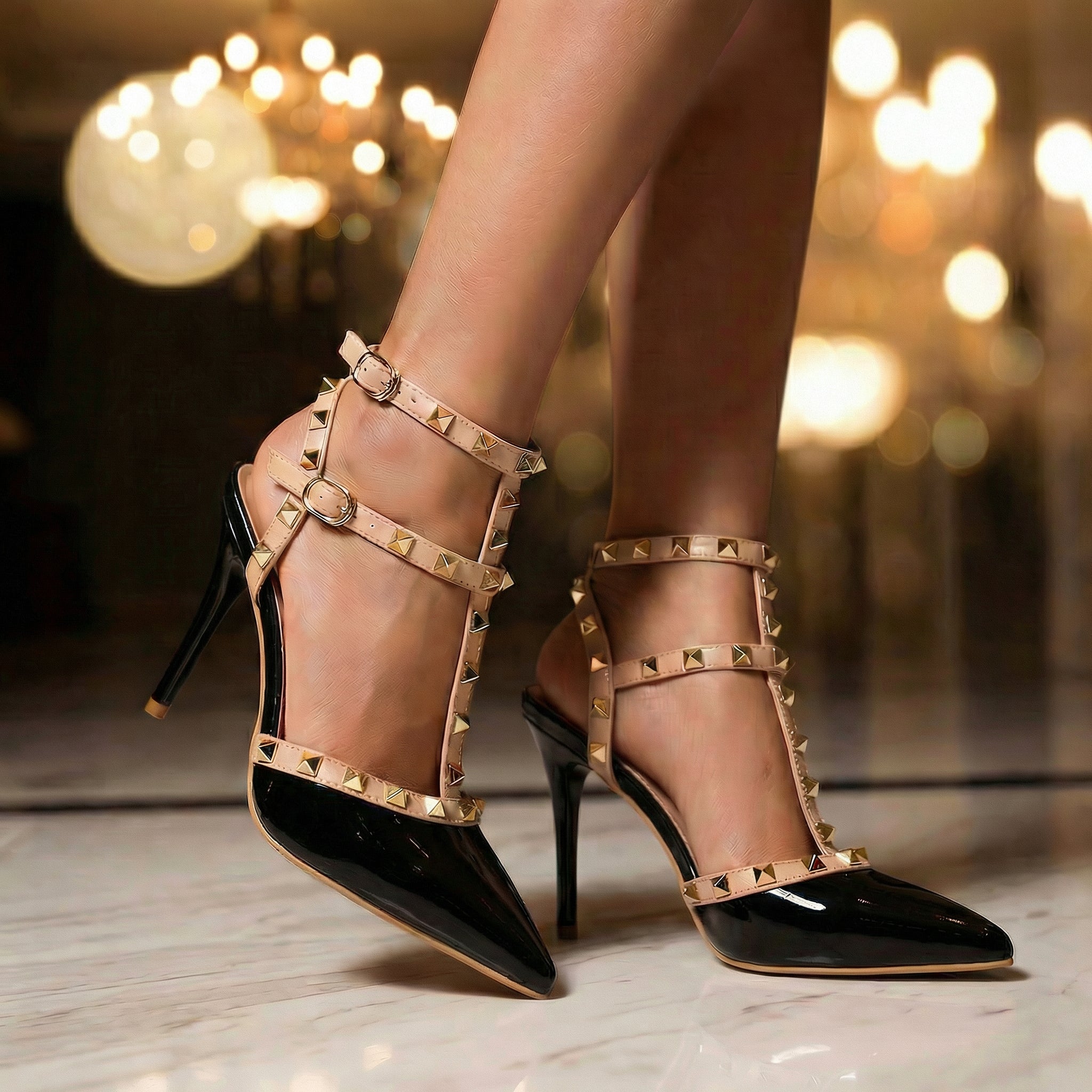 Women's Patent Vegan Leather Strappy Heeled Sandals with Studs