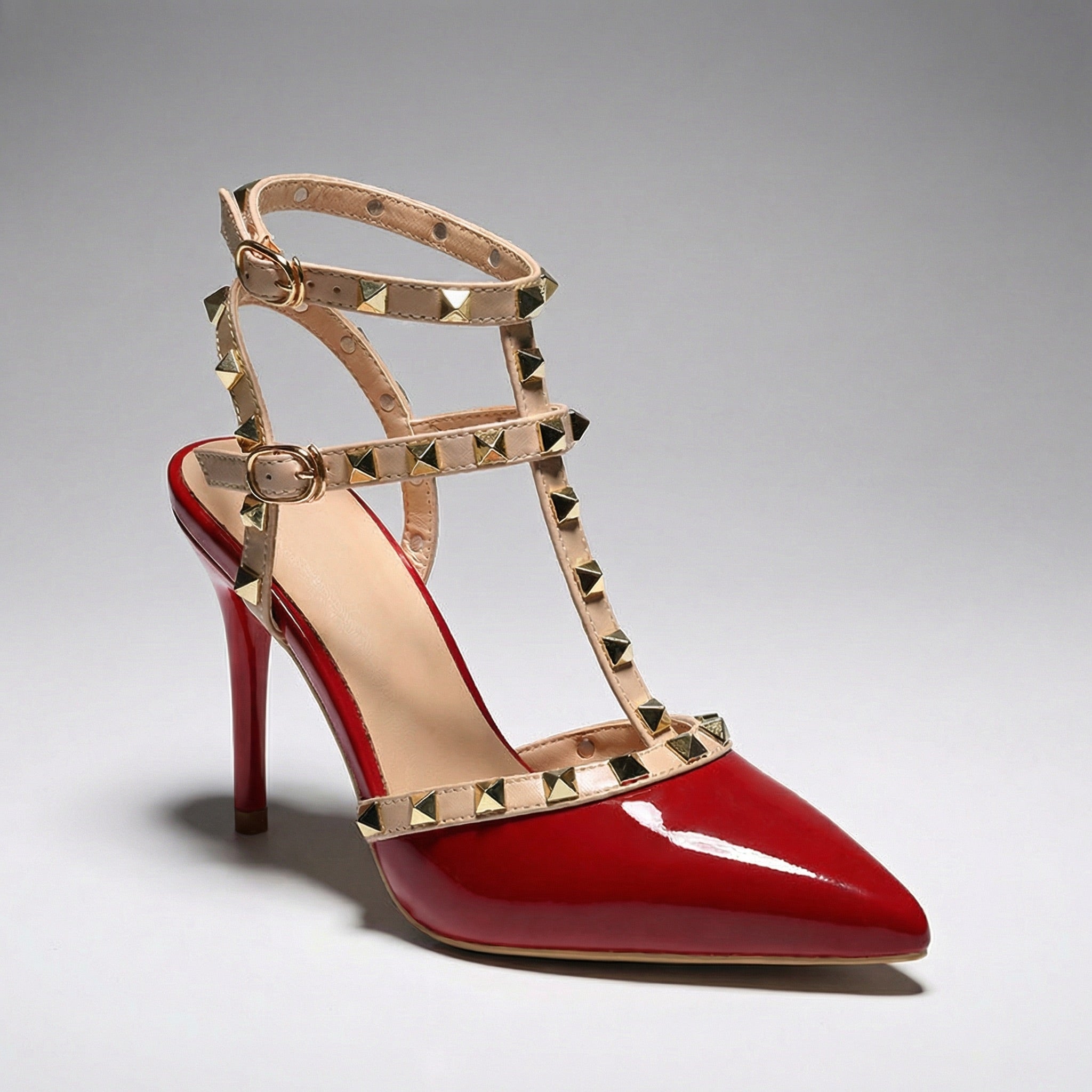Women's Patent Vegan Leather Strappy Heeled Sandals with Studs