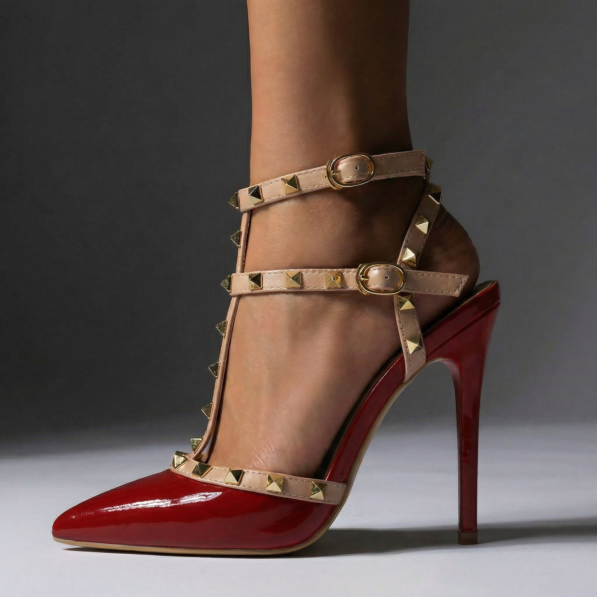 Women's Patent Vegan Leather Strappy Heeled Sandals with Studs